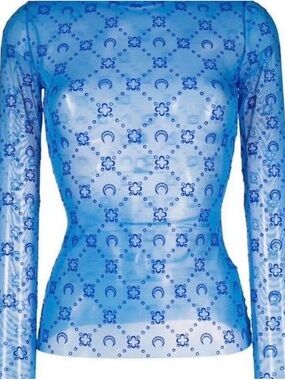 Marine Serre Sheer Blue Long-Sleeve Crescent & Floral Print Top